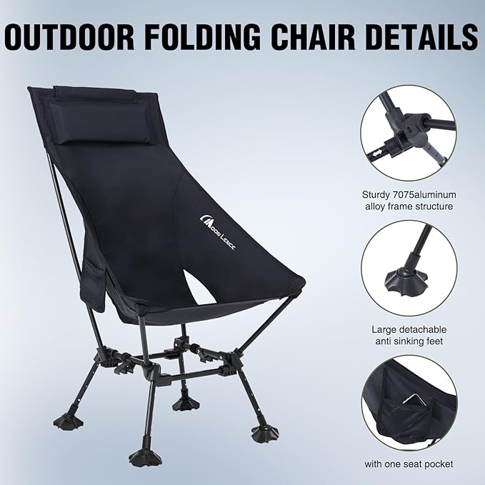 MOON LENCE Folding Portable High Back Camping Chairs for Adults Adjustable Oversize Lightweight for Beach Hunting Hiking Backpacking (Black with Anti-Sinking Feet)