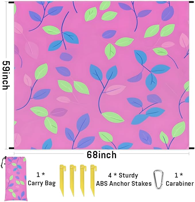 Waterproof Sandproof Beach Blanket 59''×68'' Fig Leaves Polyester Outdoor Picnic Blanket with 4 Stakes &amp Storage Bag for BeachCampingVacation Pink