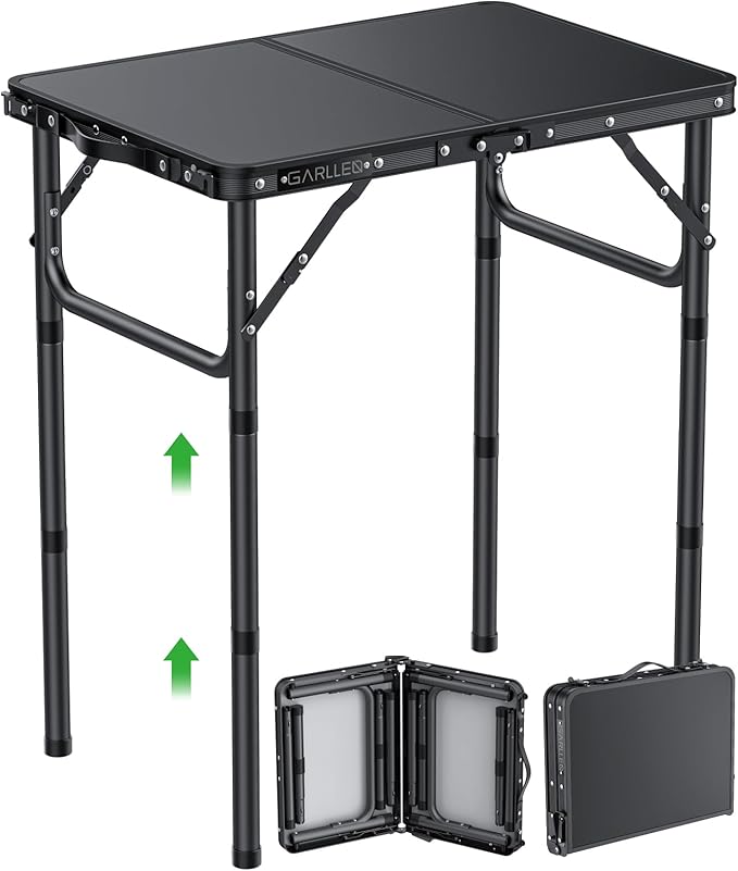 GARLLEN 2ft Folding Camping Table 3 Adjustable Height Lightweight Folded Picnic Table Portable Aluminum Grill Table for Camping BBQ Outdoor 22.8 L x 15.7 W Black