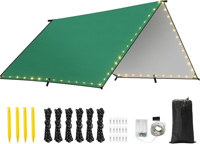 Rhino Valley Waterproof Tent Tarp 9.8 × 9.8 Ft Large Outdoor Shelter Cover with Light Strings Lightweight Portable Tarp Shelter Rain Tarp Camping Canopy for Hiking Traveling Backpacking