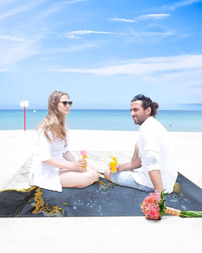 Beach Blanket Waterproof Sandproof Oversized Blue Marble Gold Foil Beach Mat with Corner Stakes Sand Pockets Grey Gradient Outdoor Picnic Mat for Travel Camping Hiking 83x79In
