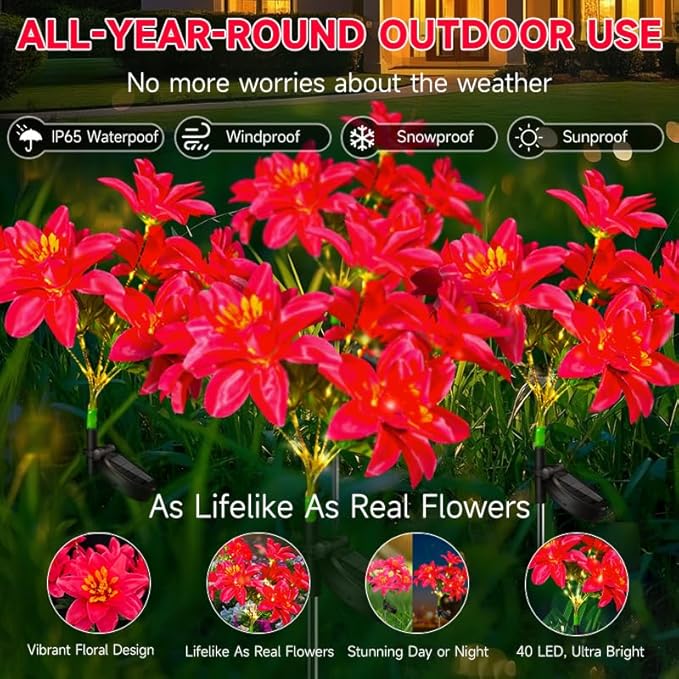 Neporal Solar Flowers Outdoor Waterproof Pink 4PK 7-Stem Garden Solar Lights Decorative 2 Lighting Modes Solar Powered Garden Decor Solar Yard Decor