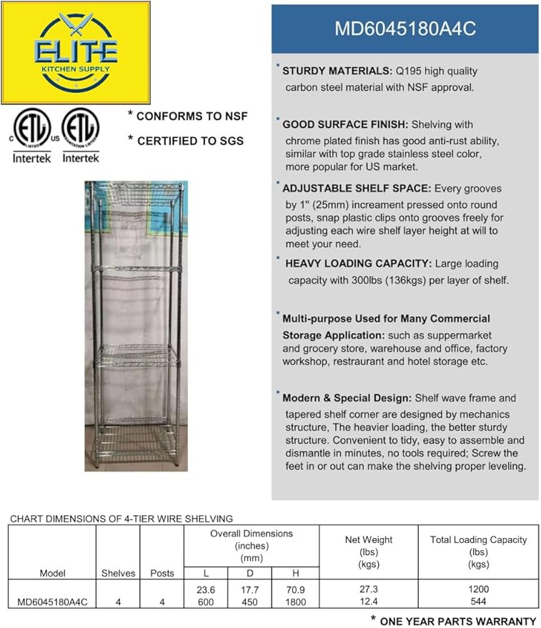 Commercial Chrome Wire Shelving Rack 4 Tier Wire Shelf for Storage H71xW24xD18 All Stainless-steel Heavy Duty ETL