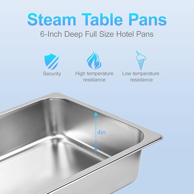6 Pack Hotel Pans 1/1 Size 4 Deep Stainless Steel Trays for Food 20.8 L x 13 W Catering Food Pan Commercial Table Pan for Hotel Restaurant Buffet Party Supplies