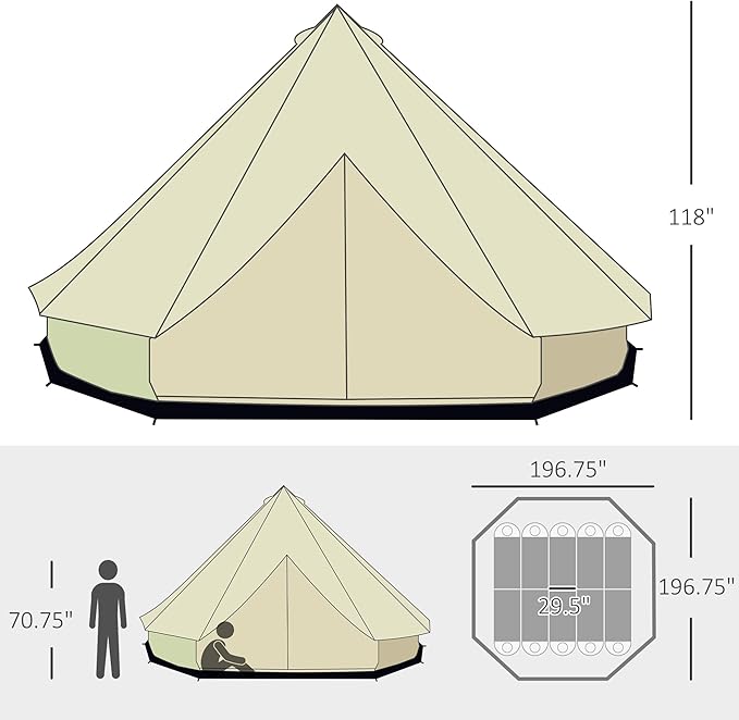 Outsunny 10-Person Yurt Tent Glamping Bell Tent with Spacious Interior Breathable Waterproof Design for Family Outdoor Camping 16' x 16' x 10'