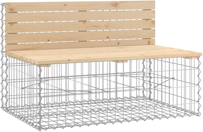 vidaXL Solid Pine Wood Patio Bench with Galvanised Steel Gabion Base Farmhouse Style Garden and Outdoor Seating 40.6x27.6x25.6 Brown 834374