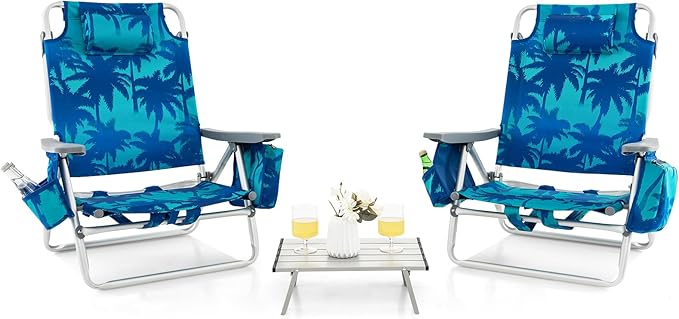 Giantex Folding Beach Chair Patio Sling Chairs with 5 Adjustable Position Head Pillow Storage Bag Towel Bar Cup Holders Backpack Chairs for Sunbathing Camping Chair