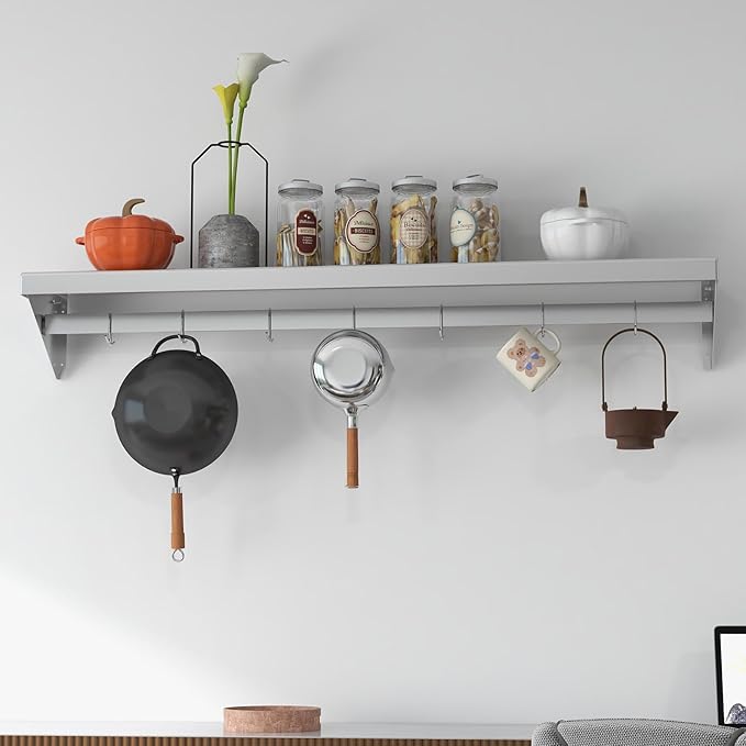 Stainless Steel Wall Shelf with Hooks - 12 x 48 Kitchen Storage Rack with Backsplash Metal Mount Organizer for Pots Pans Cookware for Home and Commercial Use NSF Certified