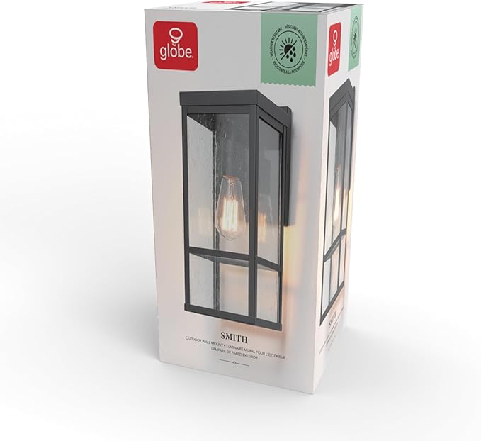 GLOBE Electric 44802 1-Light Outdoor Wall Sconce Matte Black Seeded Glass Shade Weather Resistant Exterior Wall Light Front or Back Porch Lights Patio Lighting Indoor Compatible