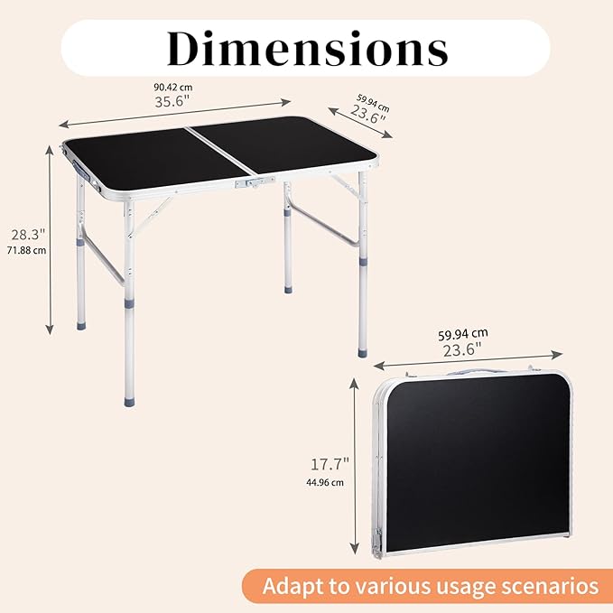 3ft Small Folding Camping Table Portable Lightweight Fold Up Utility Side Tables with Carrying Handle Outdoor Aluminum Fold in Half Dining Card Table for Picnic Party Events (Black)