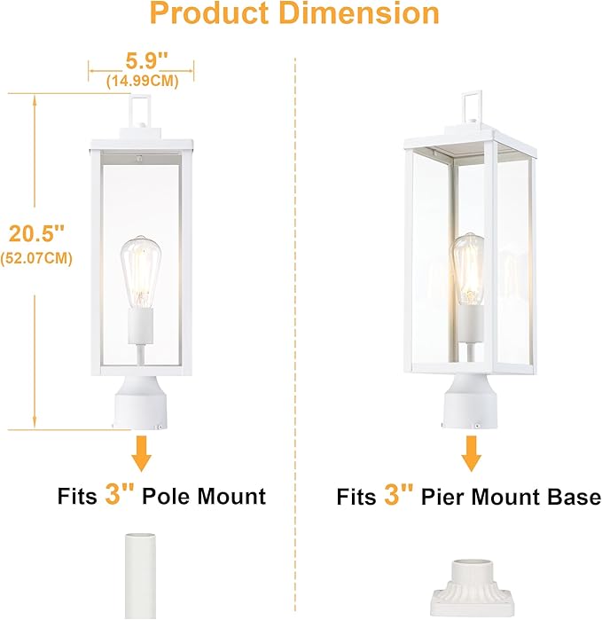 GRUENLICH Outdoor Lamp Post Light Fixtures Exterior Pole Lantern with Tempered Glass 20 Inch Fence Post Lighting for Garden Yard Pathway White 2 Pack