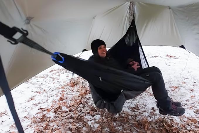 14ft Hammock Rain Fly Lightweight Waterproof Camping Tent Tarp with Doors and Dual Support Poles Bushcraft Tarp Shelter for Backpacking Hiking Camping