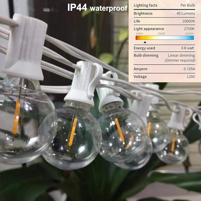 25Ft LED String Lights with 27 Shatterproof LED Clear Globe Bulbs Indoor&ampOutdoor String Lights for Patio Garden Backyard Bistro Pergola Tents Gazebo Decor White Wire
