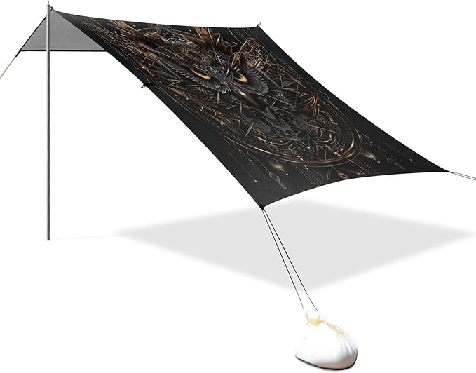 ALAZA Mecha Owl Cyberpunk Black &amp Gold Beach Tent Sun Shelter UPF50+ Protection Beach Shade Canopy w/ 4 Sandbags for Outdoor Camping Fishing Backyard Fun Picnic 10x9 ft