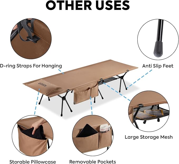 ICECO Camping Cot with Camping Blanket for Adults 900D Oxford Fabric Height Adjustable with Cot Leg Extenders Sleeping Cot for Camping Hiking Beach Home Lightweight Comfortable (L-Khaki)