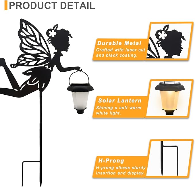 Solar Fairy Garden Stake Decorative Lantern 2 Pack Metal Fairy Angel Garden Silhouette Lights for Lawn Pathway Patio Yard Outdoor Decor