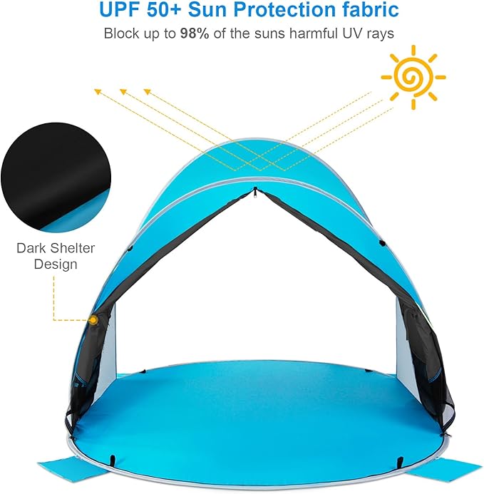 Wolfwise Pop up Beach Tent Sun Shelter with UPF50+ UV Protection Instant Easy Setup Popup Beach Shade Canopy for 3 Person Portable &amp Foldable with Carring Bag 87 ×57×47 in Black Coating