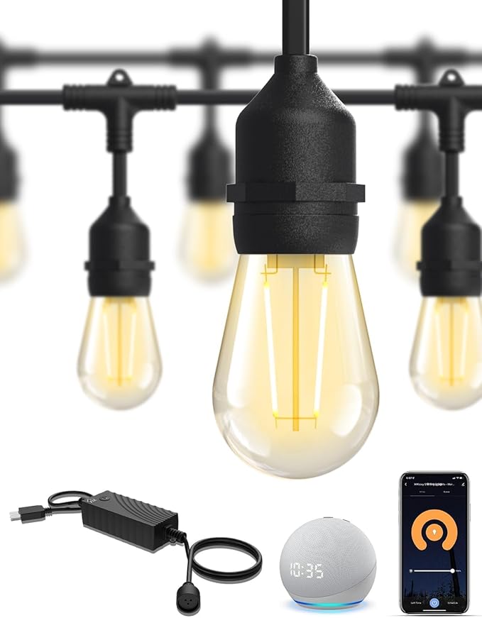 XMCOSY+ Smart Patio Lights 49Ft LED Outdoor String Lights Waterproof IP65 App Control Compatible with Alexa Dimmable Edison Bulbs Outdoor Light for Yard Porch Bistro Outside