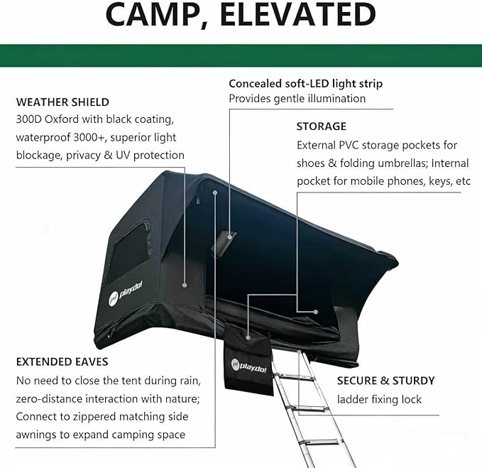 PlayDo Inflatable Rooftop Tent Easy Setup Camping Tent for The Roof of Sedans Pickup Blow Up Roof Top Tents SUV Truck Van Glamping Tent with Porch Strip Light for 2-3 Person