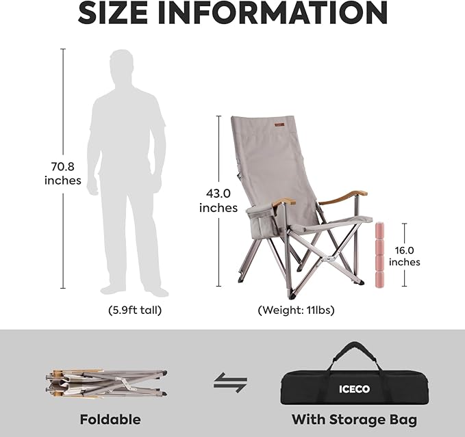 ICECO High Back Camping Chairs for Adults Heavy Duty Folding Chair for Outside Portable Outdoor Chairs with Storage Bag Hold Up 600 LBS Backpack Camping Chair 10 Years Warranty (Non-Adjustable)