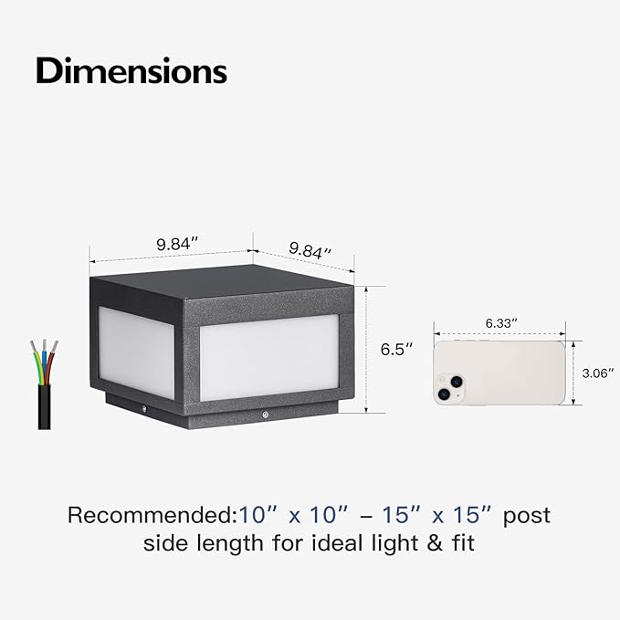 Outdoor Modern Post Light 9.84 Square Hard Wired Pillar Lights Grey Column Lighting 100-240V AC Waterproof LED 3000K Warm Posts Lamp Lantern for Patio Driveway Entrance Deck Garden Decoration