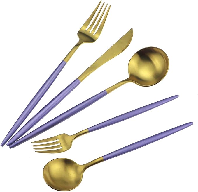 Gugrida Royal 20 Piece Matte Purple Handle 18/10 Stainless Steel Tableware Sets for 4 Including Forks Spoons Knives Camping Silverware Travel Utensils Set Cutlery