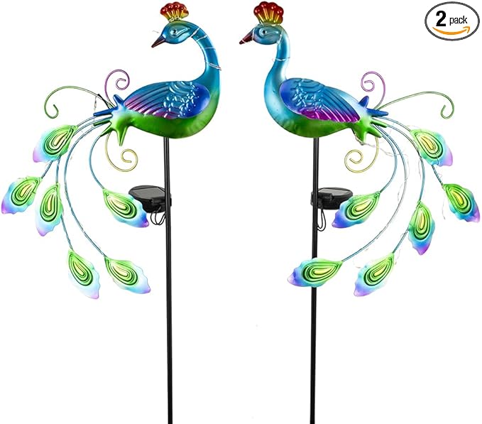 DREAMSOUL 2 Pack Metal Peacock Solar Lights Outdoor Waterproof LED Solar Lights Decorative Garden Stakes for Yard Pathway Peacock Decor