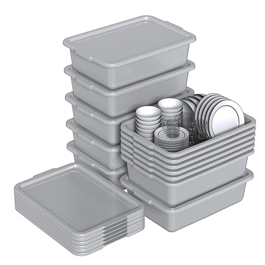 Anbers 12-Pack 13 L Bus Tubs Commercial Plastic Restaurant Bus Tubs with Lids Grey