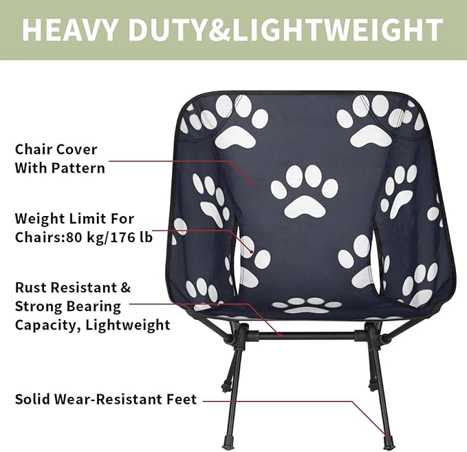 Honeybaby Folding Camping Chair Dog Paws Print Camping Chairs Lightweight Portable Chair Outdoor Foldable Chairs for Camping Travel Picnic Beach Hiking