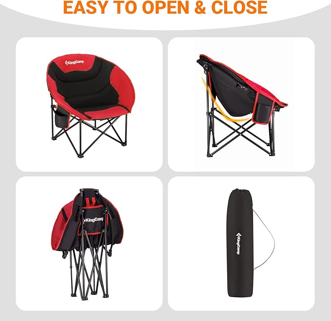 KingCamp Foldable Saucer Moon Lounge Chair with Cupholder Storage Pocket for Indoor Home or Outdoor Camping and Tailgating Use Black/Red