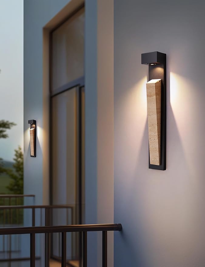 23in Outdoor Wall Lights Natural Exterior Waterproof Alabaster Wall Sconce LED Modern Matter Black Wall Lamps for Pstio Front Door Entrydoor (Indoor and Outdoor)