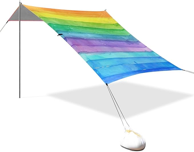 Rainbow Watercolor Stripes Beach Tent Sun Shelter 9.2' x 10.5' Beach Canopy with 4 Sandbags 4 Stability Poles Sand Shovels - Tent Canopy for Beach Camping Fishing Picnics