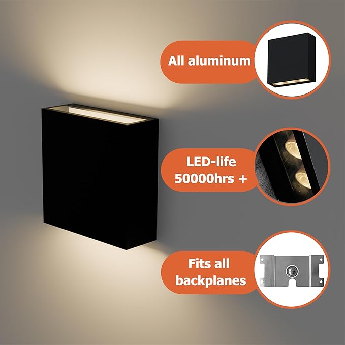 Modern LED Wall Sconce Outdoor Up Down Wall Lamp Black Aluminum Waterproof Wall Lights Exterior Light Fixtures 450LM 3000K Hallway Wall Lighting for Porch Front Door Garden Yard Patio