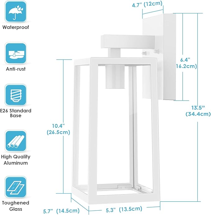 MAXvolador Outdoor Wall Sconce Large Exterior Waterproof Wall Lantern Light Fixture White Porch Lights Glass Anti-Rust E26 Patio Lighting 2 Pack