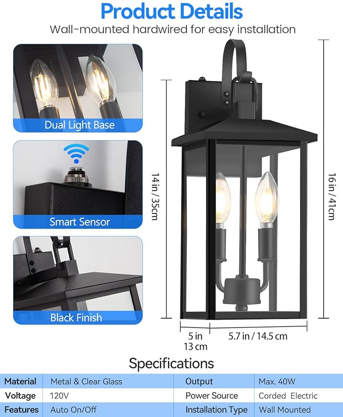 SHIMR Dusk to Dawn Outdoor Lighting Large Exterior Light Fixture Wall Mount Waterproof Outdoor Wall Light Outside Lights for House Porch Garage Patio