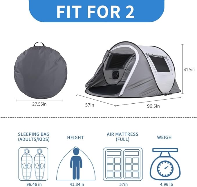 Instant 2 Person Pop Up Camping Tent with Easy Setup Lightweight Dome Tent for Outdoor Adventures Water Resistant &amp Compact Design