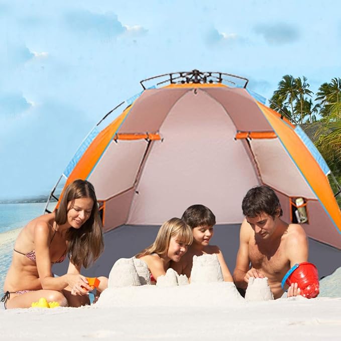 Oileus X-Large 4 Person Beach Tent Sun Shelter - Portable Sun Shade Instant Tent for Beach with Carrying Bag Stakes 6 Sand Pockets Anti UV for Fishing Hiking Camping Waterproof Windproof Orange