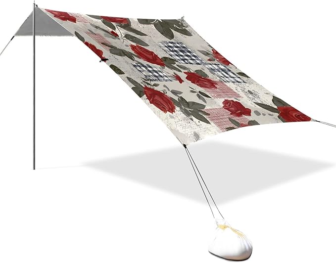 ALAZA Retro Rose Flower Beach Tent Sun Shelter UPF50+ Protection Beach Shade Canopy w/ 4 Sandbags for Outdoor Camping Fishing Backyard Fun Picnic 10x9 ft