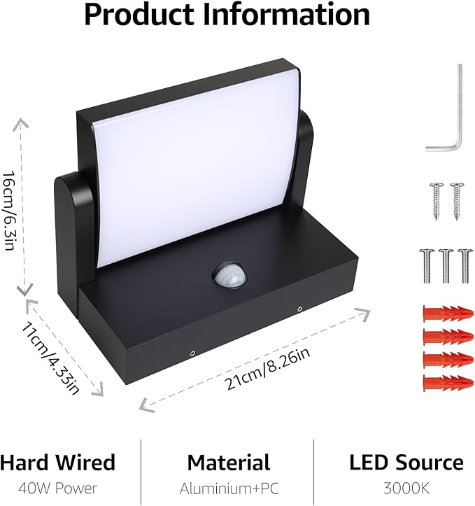 40W Motion Sensor Outdoor Wall Lights 3000K Black LED Light Fixture IP65 Waterproof Exterior Porch Light 360 ° Adjustable Head Flood Wall Lighting for House