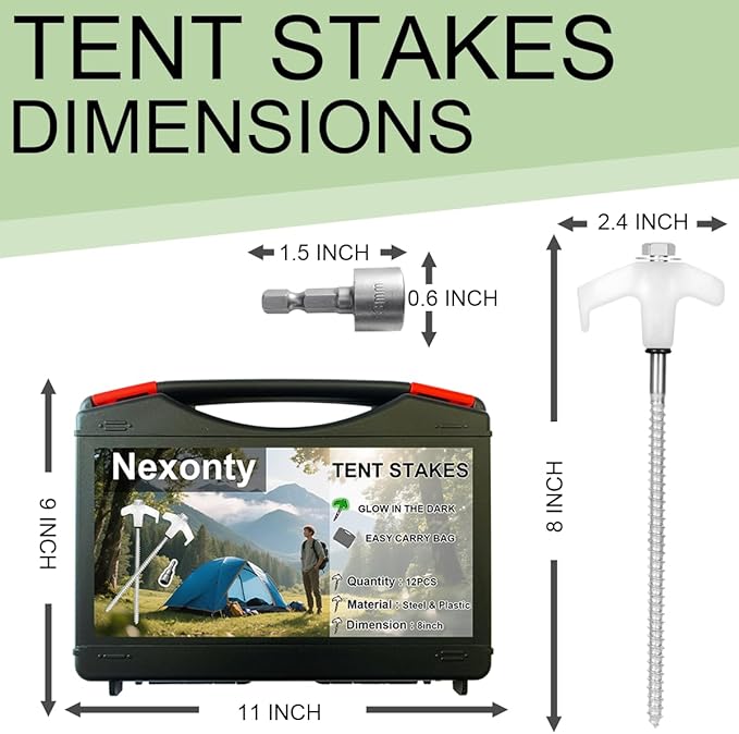 12 Pack 8 Inch Screw in Tent Stakes Heavy Duty Ground Anchors Screw in with Grow in The Dark Heads Camping Stakes Metal Threaded Tent Spikes with Hex Head Driver &amp Storage Box