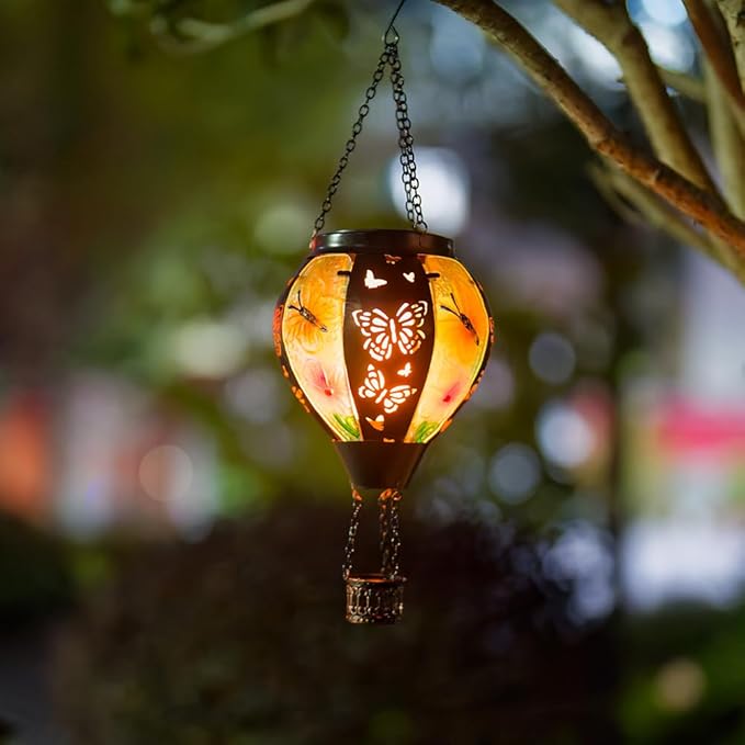 DREAMSOUL Butterfly Hot Air Balloon Solar Lantern Glass &amp Metal Outdoor Lantern Hanging Solar Lanterns Outdoor Waterproof for Garden Patio Party