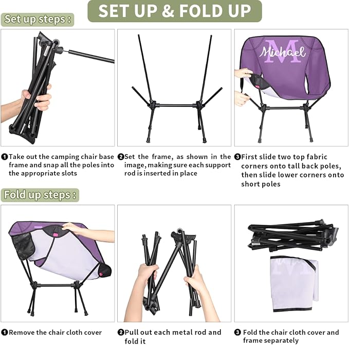 Custom Purple Portable Camping Chair Personalized Backpacking Chair with Name Lightweight Foldable Chairs for Hiking Beach