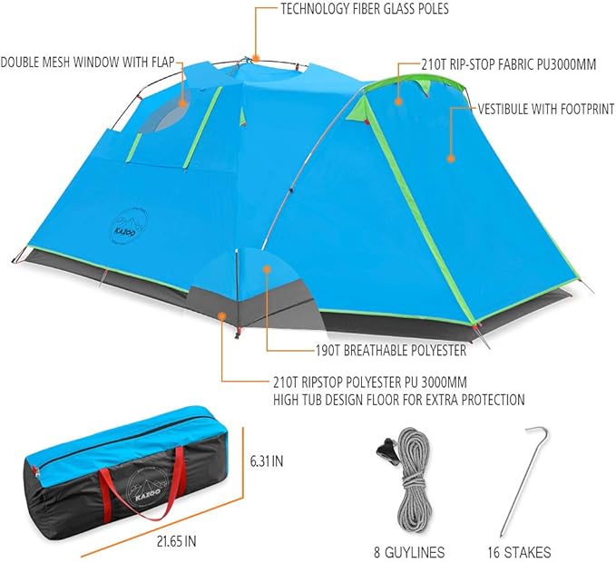 KAZOO 2／4 Person Camping Tent Outdoor Waterproof Family Large Tents 2/4 People Easy Setup Tent with Porch Double Layer | Outdoor Waterproof Family Large Tents Easy Setup