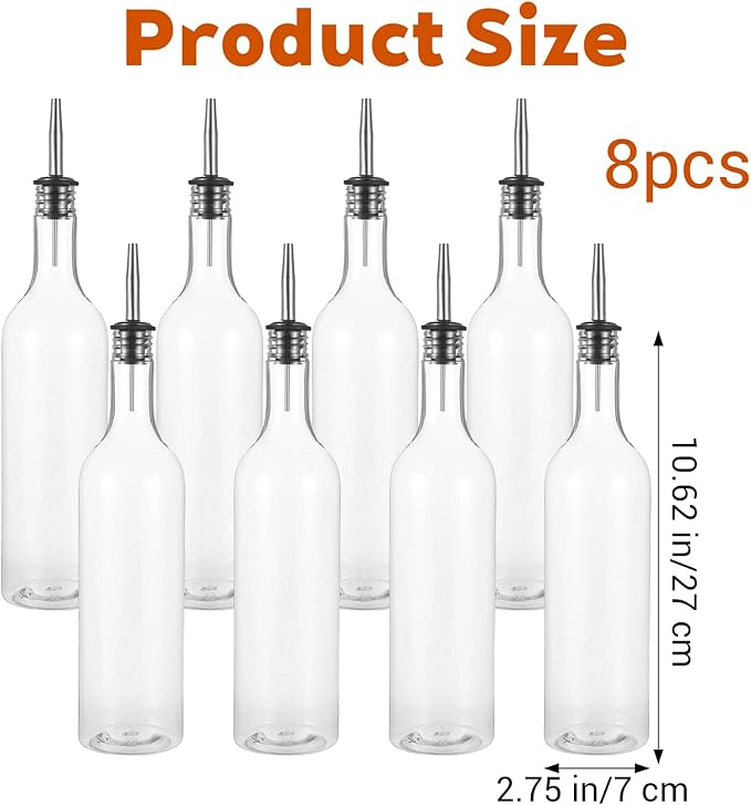 8 Sets 25 oz Plastic Liquor Bottles Long Neck Syrup Juice Bottles with Pourer and Caps Plastic Leakproof Pour Container with Stainless Steel Pourer Tapered Spout for Home Party Bar