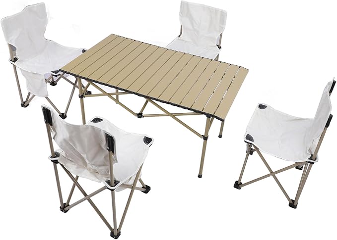 Camping Folding Table Chairs Set Aluminum Alloy Portable Ergonomic 330.7lb Load Bearing Stable Camping Long Table Chairs for Outdoor Picnic