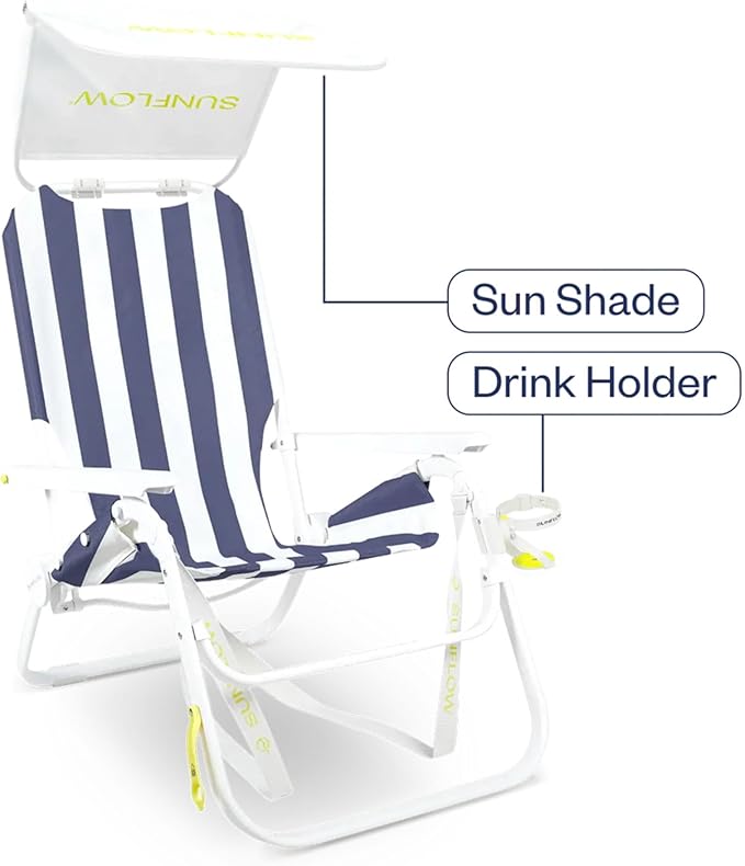 SUNFLOW Shore Thing Premium Beach Chair - Adjustable Portable Rust-Resistant Reclining Beach Chair with UPF 50+ Sun Shade and Drink Holder for The Ultimate in Comfort (Deep Blue Stripe)