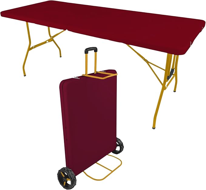 Creative Outdoor Folding Table and Chairs 6 Ft Built-in Wheels Portable Durable Plastic (Dark Red &amp Gold)