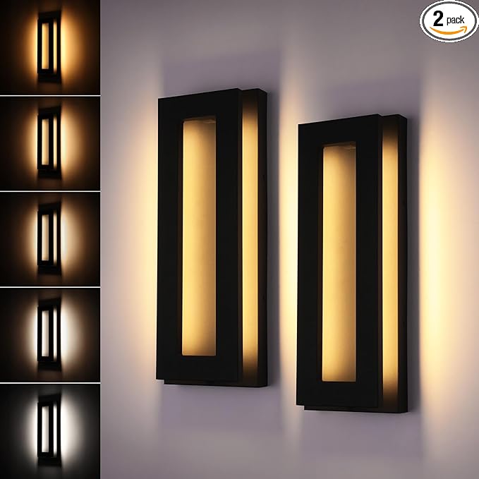 LEONLITE 5CCT Integrated LED Modern Outdoor Wall Light Fixture 19 Inch Dimmable Exterior Lighting Fixtures for Porch 24W Anti-Glare Wall Sconce 100-277V Matte Black IP65 ETL Listed Pack of 2