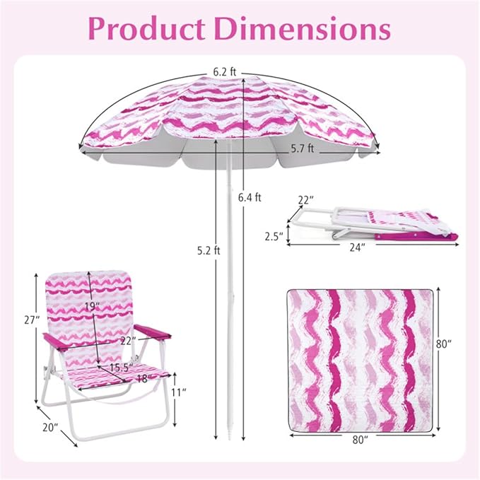 Portable 4 Pieces Beach Set with 6.2ft Sun-Proof Umbrella 2 Foldable Chairs and 80 x 80 Waterproof Blanket 30° Tilt System Umbrella with Sand Anchor &amp Carrying Bag for Picnic &amp Camping (Pi