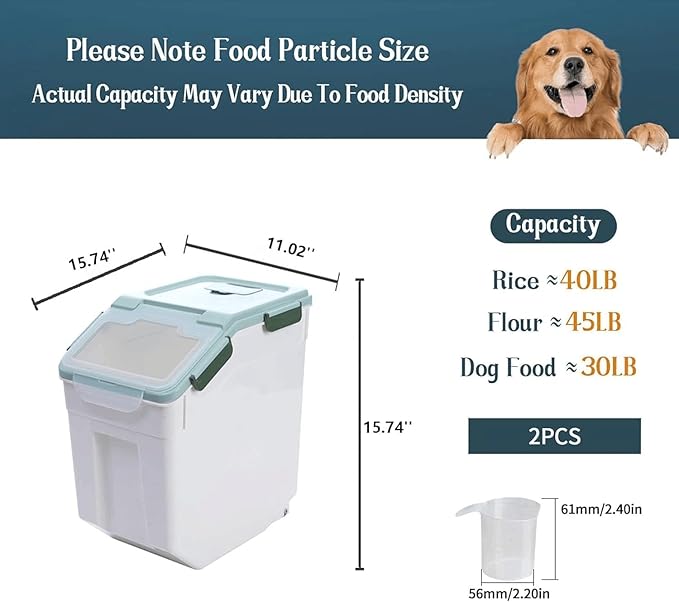 2 Pack Rice Storage Container with Measuring Cup 50 lb Flour Storage Container with Wheels BPA Free Food Storage Container Dog Cat Food Bin Set for Dry Food Sugar Cereal(Green)